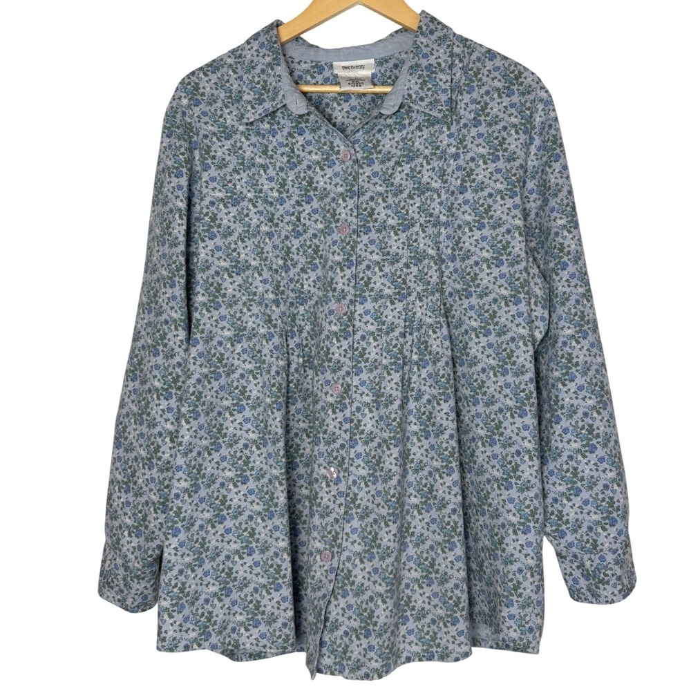 Vintage Blue Floral Pintuck Button Down Shirt 100% Cotton 2XL Womens Cottagecore